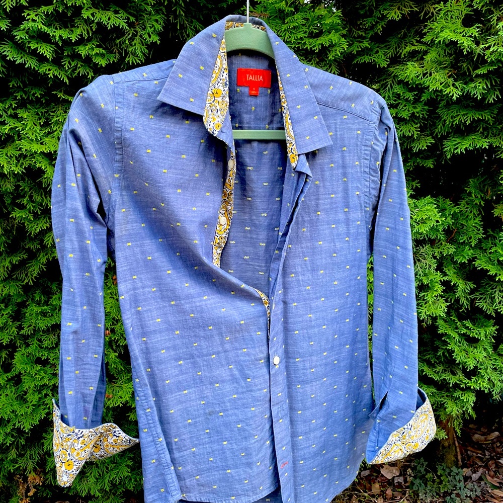 Blue button up with yellow paisley